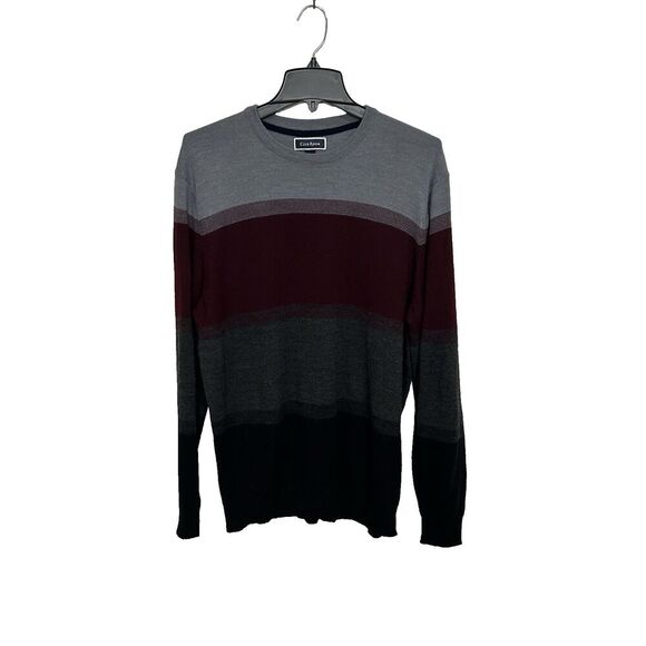 Club Room Mens LG Crew Neck Sweater Gray/Burgandy Lightweight Merino Wool Blend - Picture 1 of 5